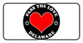 Black and white badge with PASS THE LOVE DELAWARE text and red heart design for clothing