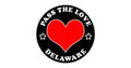 Circular black badge with Pass The Love Delaware text and red heart for love apparel