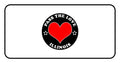 Black badge with a red heart and Pass The Love Illinois text on clothing and paid cards