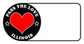 Black badge with a red heart and Pass The Love Illinois text, perfect for clothing and paid cards