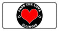 Black badge with red heart and PASS THE LOVE ILLINOIS text, perfect for love-themed clothing