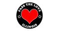 Circular black badge with red heart, PASS THE LOVE ILLINOIS text, and stars design