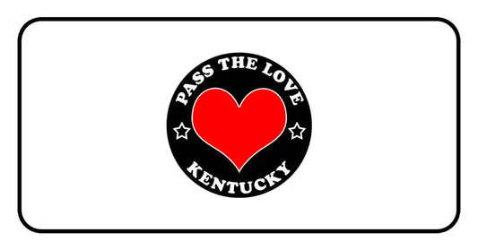 Black badge with red heart and ’Pass The Love Kentucky’ text for love-themed clothing