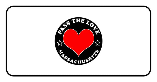 Red heart logo with Pass the Love Massachusetts text in a circular design for paid cards