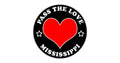 Circular black badge with red heart, saying Pass The Love Mississippi for clothing and paid cards