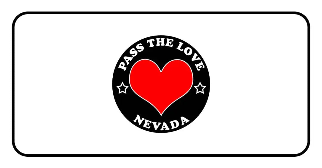 Circular black badge with Pass the Love Nevada text and heart, representing love in Nevada