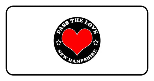 Red heart logo with Pass the Love New Hampshire text for paid cards and clothing