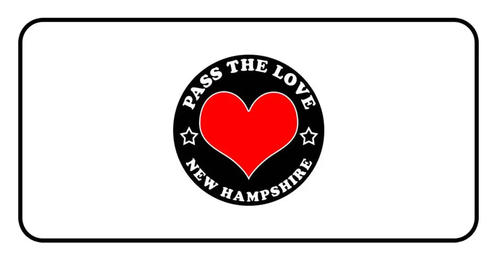 Red heart logo with Pass the Love New Hampshire text for paid cards and clothing