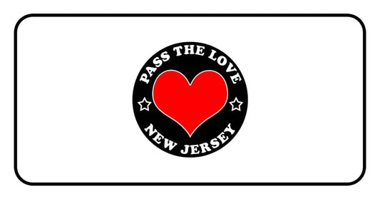 Black badge with red heart and stars for Pass The Love New Jersey clothing and hoodies