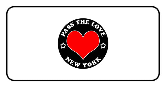 Black badge with red heart and Pass The Love New York text for clothing and hoodies