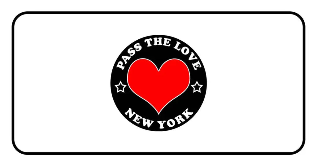 Black badge with red heart and Pass The Love New York text for clothing and hoodies
