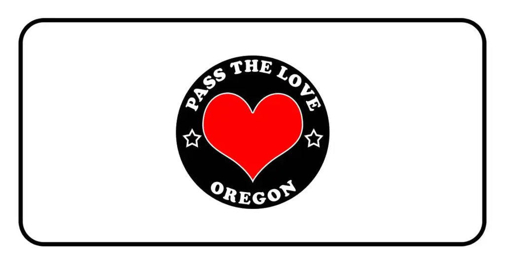 Black badge with PASS THE LOVE OREGON text and heart, perfect for love-themed clothing