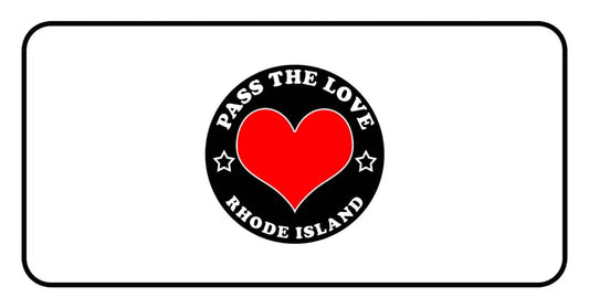 Black badge with red heart and text Pass The Love Rhode Island for paid cards