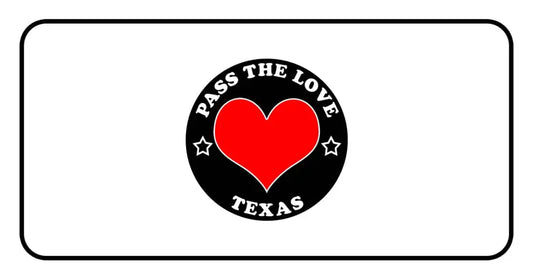 Circular black badge with red heart and Pass The Love Texas text, ideal for clothing and paid cards