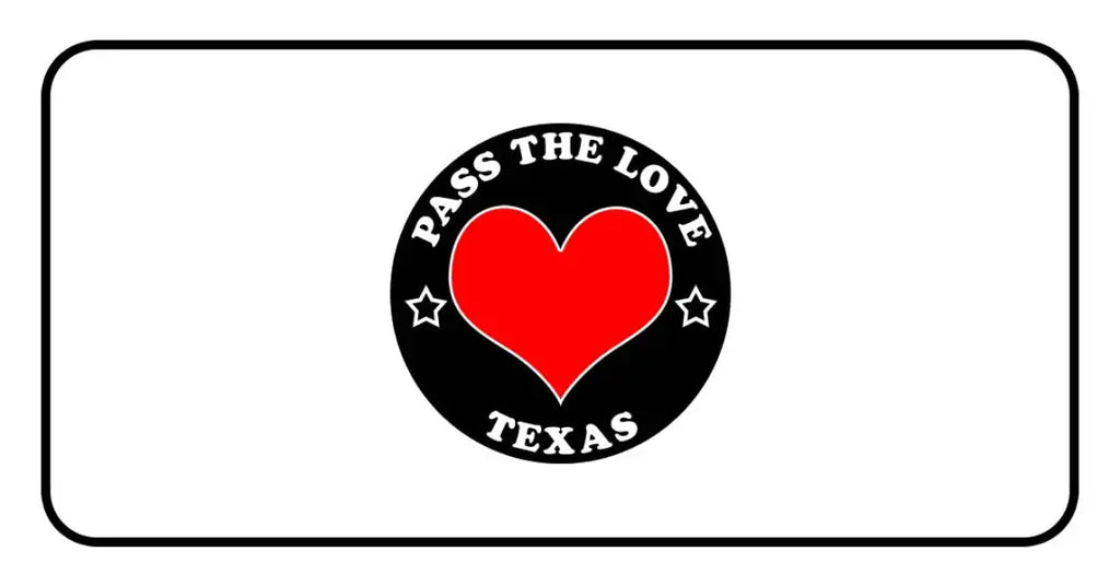 Circular black badge with red heart and Pass The Love Texas text, ideal for clothing and paid cards