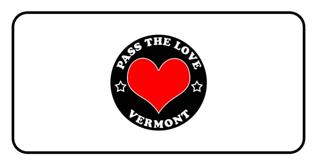 Black badge with red heart and stars for Pass The Love Vermont clothing and paid cards