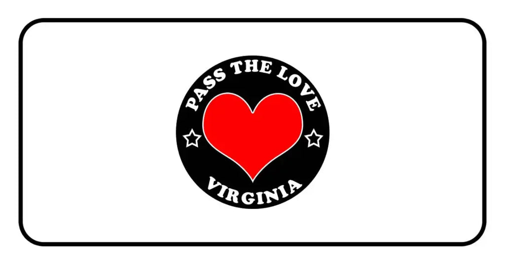 Black circular badge with PASS THE LOVE VIRGINIA text and red heart for clothing lovers