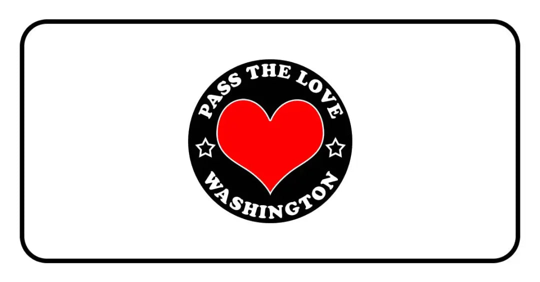 Red heart logo with Pass The Love Washington text in a circular design for clothing