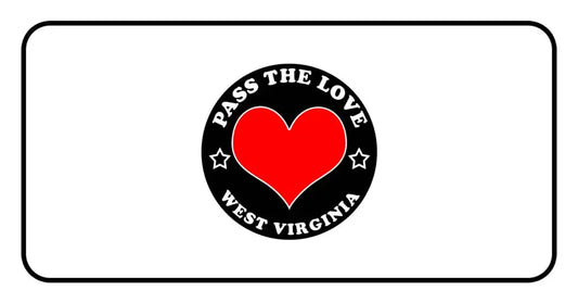 Black circular logo featuring Pass The Love West Virginia and a red heart for paid cards