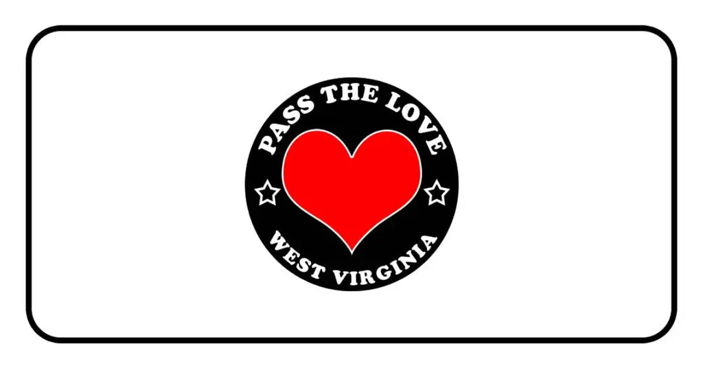 Black circular logo featuring Pass The Love West Virginia and a red heart for paid cards