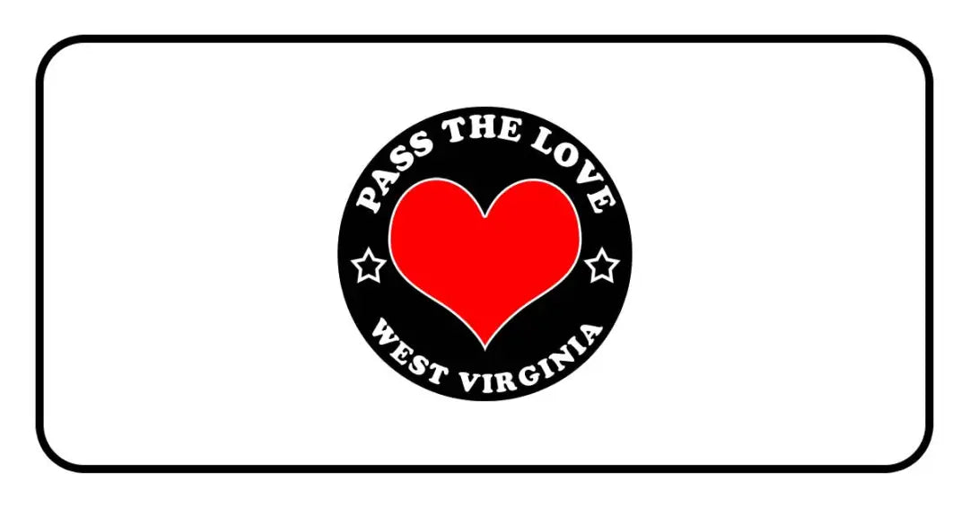 Black circular logo featuring Pass The Love West Virginia and a red heart for paid cards