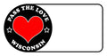 Black badge with red heart and Pass The Love Wisconsin text for clothing and paid cards