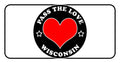 Black and white badge with a red heart for Pass The Love Wisconsin clothing line