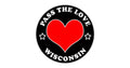 Circular black badge with red heart and text Pass The Love Wisconsin for paid cards clothing