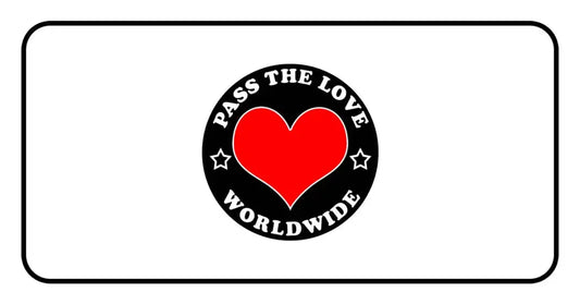 Red heart logo with Pass The Love Worldwide on a black background for clothing and paid cards